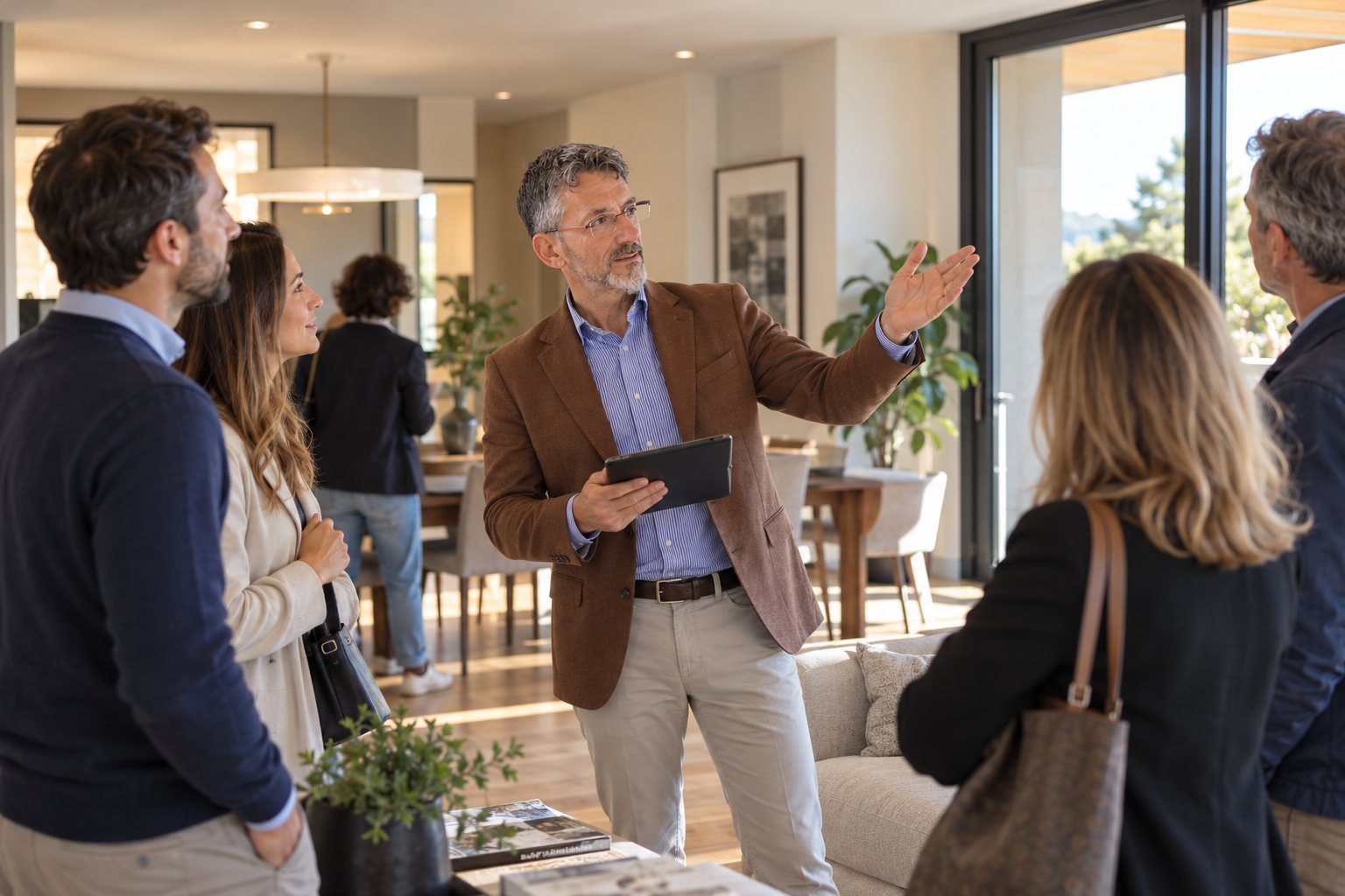 Open house: l'agente immobiliare al centro del soggiorno illustra la casa a un gruppo di acquirenti